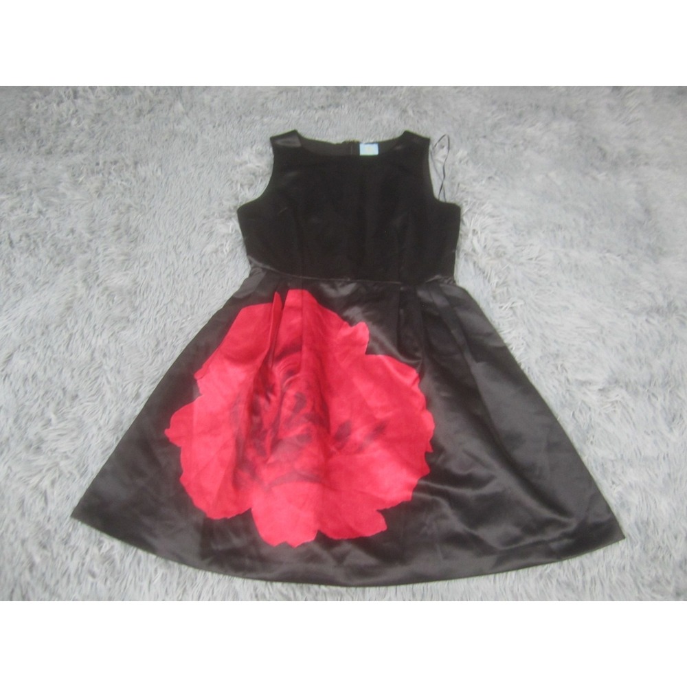Cece by Cynthia Womens Dress 4 Black Satin Fit & Flare Cocktail w/Red Rose Print